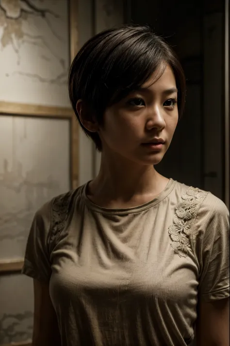 ((best quality)), ((Work of art)),((detailed)), woman, short hair, Asian, innocent face, post-apocalypse