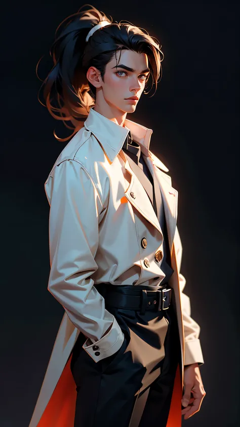 envision a 8k, highres, cinematic, detailed, semi realistic full body pinup of a handsome Man, a slender muscular body, clean shaved, and sleek black hair, ponytail, brown eyes, Trench Coat, shirt, (((1boy))), in dark lighting, against a dark background