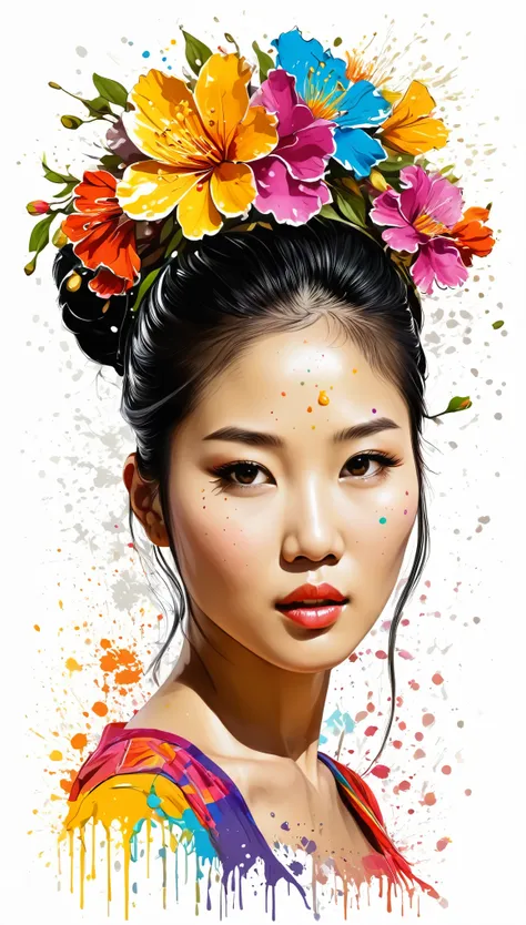 Elegant Asian woman with flowers on her head, vector, realistic vivid colors, white background, detailled image, digital artwork with realistic effect, with small splashes of paint around, with paint dripping down the bottom of the painting with delicate d...