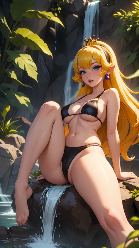 Princess Daphne (best quality:1.5, highres, UHD, 4K, detailed lighting, shaders), 20 year old, Blonde hair, sparkling blue eyes, black bikini, large full breasts, sitting in a garden waterfall with legs spread open position, pov, view from below, colorful ...