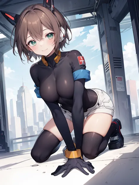 aile_megamanzx, kneeling with hands on the ground and , 1girl, solo, short hair, brown hair, short sleeves, (bodysuit), robot ears, green eyes, short_shorts, short sleeves, short over long sleeves, smile, in futuristic city, , high quality, large_breasts,c...