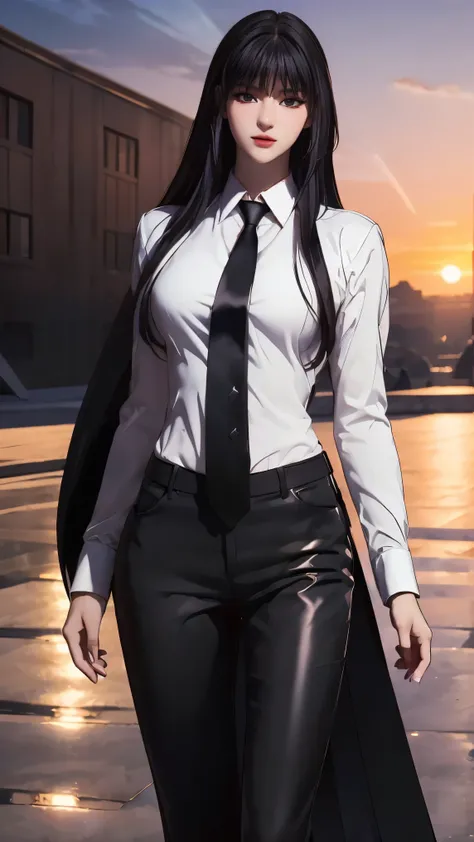 ((Masterpiece, best quality, very detailed), Volumetric light, surrounding occlusion, Rich and colorful, glow), 1 woman, , young girl, (Smooth black), long hair, radius, sacred, goddess, CEO Luke, (black suit, White shirt and red tie:1.3), armor, outdoor, ...