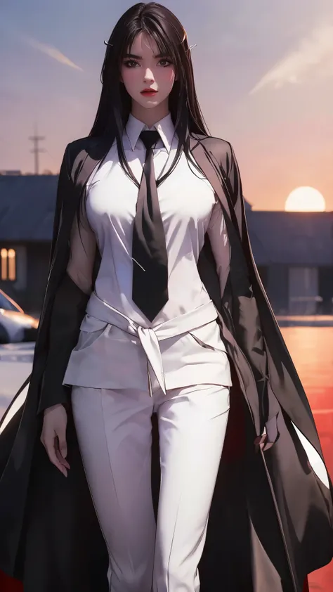 ((Masterpiece, best quality, very detailed), Volumetric light, surrounding occlusion, Rich and colorful, glow), 1 woman, , young girl, (Smooth black), long hair, radius, sacred, goddess, CEO Luke, (black suit, White shirt and red tie:1.3), armor, outdoor, ...