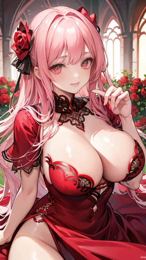 Rose on the background, Beautuful Women, A lot of red roses, sparkly eyes, False lashes, Pink lips, A smile, large full breasts, red sexy rose dress, Thumb and four fingers, Anatomically correct fingers, detail portrayal,