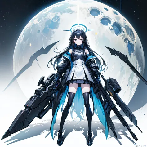 (masterpiece, top quality, best quality:1.2), extreme detailed, 1 girl, black long hair, flat chest, full body, black eyes, wearing millennium uniform with armor, blue archive, Millennium School, holding rifle, high tech, outdoors, nighttime