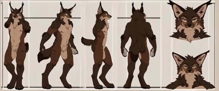 Solo, male, furry art, maned_lynx, fursona, (((dark brown primary fur))), white secondary, (perky ears), reference sheet, amazing art, masterfully executed, beautiful background, bara body, paws hands, (furry anthro),barefoot, canid, lynx ears, wolf tail, ...