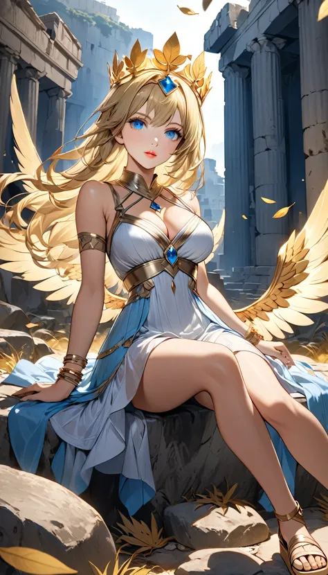 Blonde anime girl with blue eyes, 90 cm chest, 59 cm waist, 91 cm hips, wearing a small transparent dress where her breasts can be seen, on her head she wears a crown of golden olive leaves with bracelets and golden sandals, her lips are red, she is sittin...