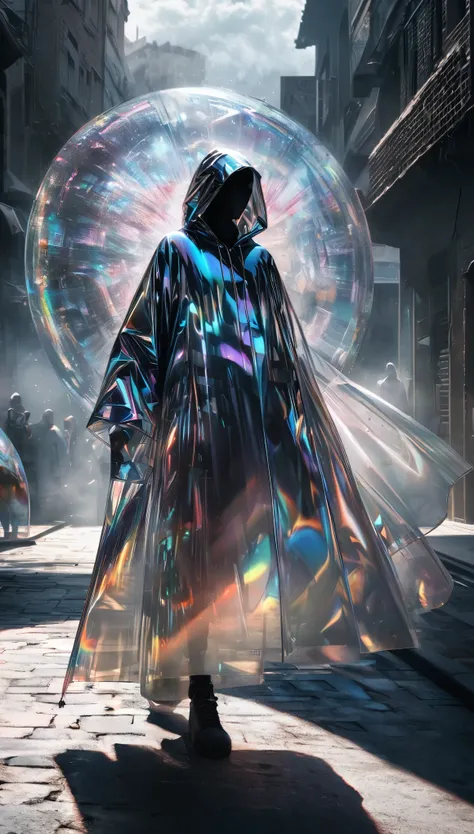 high and fine artwork, beauty assassin, wearing iridescent transparent hooded robe that makes him invisible, and has a poisonous needle, ordinary street, tracking a target, cloudy, shadows, contrast, conceptual installation art, ultra detailed, absolutely ...