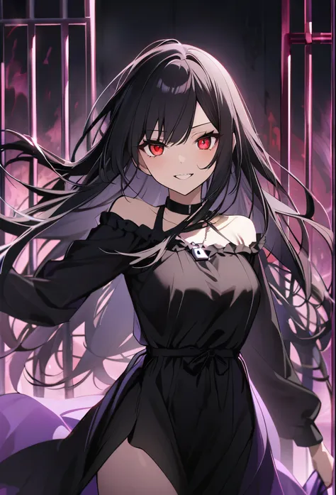 one woman、an unusual atmosphere、iron bars、red eyes、tooth、鋭いtooth、black hair、lock、lock鎌、black dress、long hair、ハイライトのあるred eyes、se...