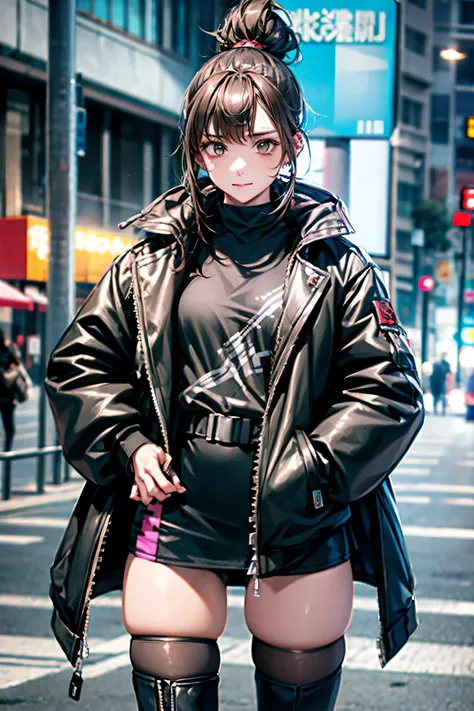 She is taking a photo wearing a black jacket and a black skirt., Fluffy ponytail,Wearing boots,Wear a jacket, cyber future jacket, Bright Cyberpunk Glow, egirl, AND - , Cyberpunk anime in hoodie, wearing Cyberpunk Streetwear, Cyberpunk anime, Cyberpunk Str...