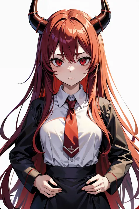  Remilia Scarlet、 hair,Red eyes,long hair,demon horns,his suit,Girl body type,There he is.,There was a little blood on the body.,Camisa estilo vestido de manga corta 8K Chica de anime con hair largo y blanco, Red eyes y sudadera negra 