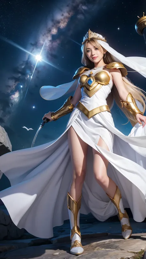 1girl, The Universe, Space Goddess,Gods Law, Goddess of Love, Selflessness、Dedication、Sacrifice、prayer、acceptance、Salvation、White Magic, Mystical veil, Goddess in white armor、White armor with gold edges、White Skirt、White Boots、He is holding a shield.、Circl...