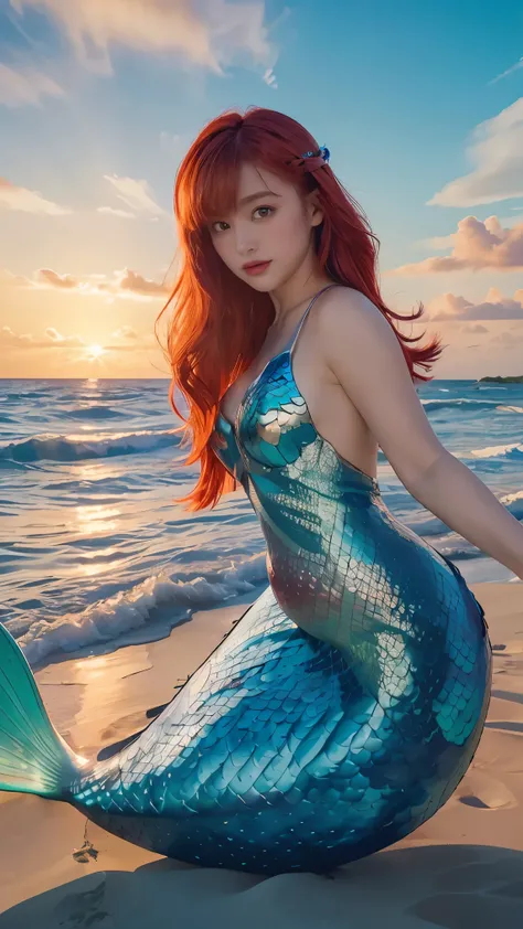 ((masterpiece, best quality, extremely detailed), volumetric lighting, ambient occlusion, colorful, glowing), 1girl, solo, young girl, (red hair), long hair, goddess, cyber suit, (mermaid design:1.3), outdoors, sunset, sky, clouds, beach, sea, , (Disney th...