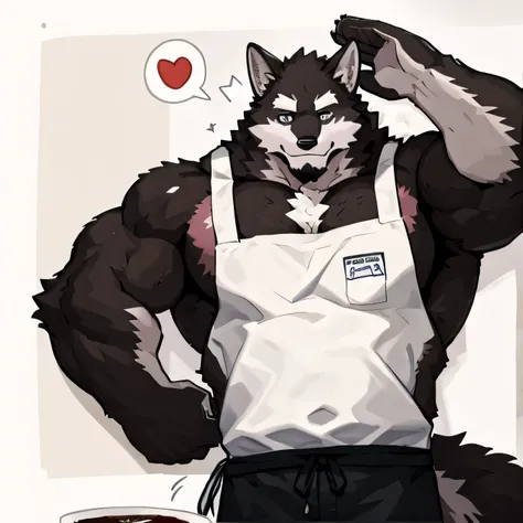 1 boy, Solitary, anthropology, Wolf, hairy, Black and white fur, Where people gather,Sparkling blue eyes, Pink hunk,Vermicelli meat pad,Have abdominal muscles,muscular, Handsome, apron, Black pants, White shirt, lie on the floor, sleep, high quality, Super...