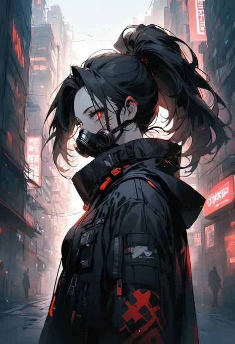 1 woman, Solo, Mature look, Older Dark techwear, Cyberpunk clothing, Red marks in eyes, Black Jacket, Half body view, Dark Cyberpunk city, Black Hair in ponytail, Shadows, Black gloves, Scar on cheek, Gas mask, Pale skin