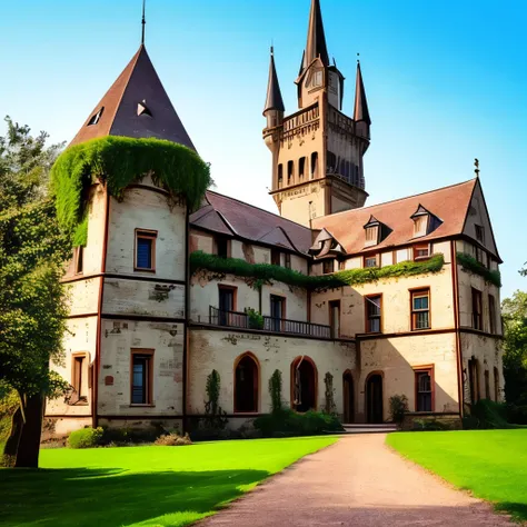 arafed castle with a clock tower on top of a hill, a photo by Joseph von Führich, instagram, art nouveau, beautiful castle, luxury castle, epic castle with tall spires, located in a castle, gothic castle, victorian castle, magical castle, abandoned castle,...