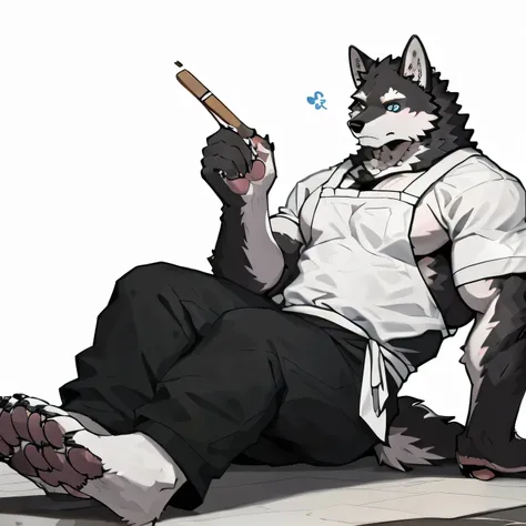 1 boy, Solitary, anthropology, Wolf, hairy, Black and white fur, Where people gather,Sparkling blue eyes, Pink hunk,Have abdominal muscles,muscular, Handsome, apron, Pink palm(Canine animal pads),Black pants(Most of it is covered by apron), White shirt, li...