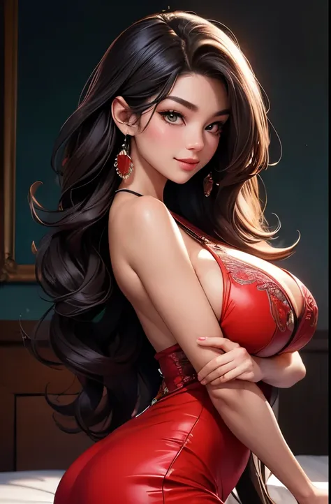 Realistic, a glamour shot of a smiling Asian waifu (extremely long curly hair), cupping (squeezing) her breast, big ass, leaning toward the viewer, cowgirl pose, with Smokey eyeshadow and knowing smile, heavy eyeshadow and mascara, wearing an evening dress...