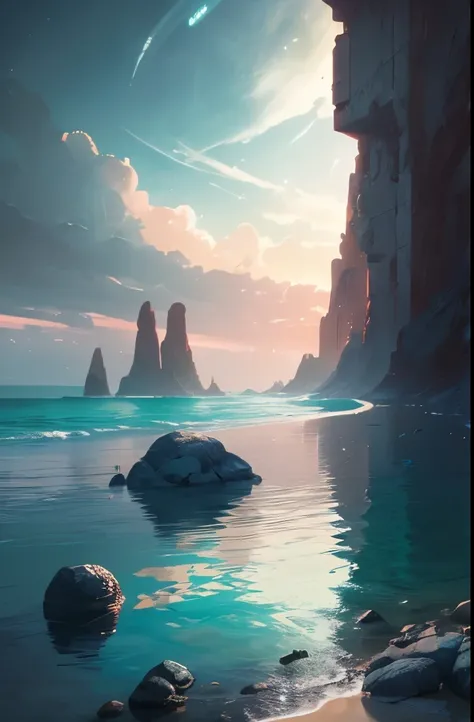 a view of a beach with rocks and water in the middle, by Mike Winkelmann, by Mike "Beeple" Winkelmann, realism | beeple, beeple |, wide angle fantasy art, beeple and mike winkelmann, by Beeple, by Martin Deschambault, surrealism!!!!! concept art