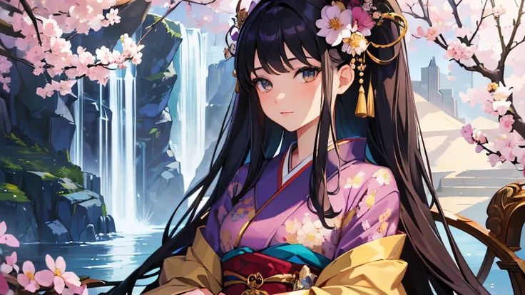 masterpiece,highest quality,(((Super Detailed Woman1))),Super detailed face,Super detailed eye,kimono,Sitting,day time,Fantasy,Calm,nebula,8k High resolution,(((桜))),vibrant colors