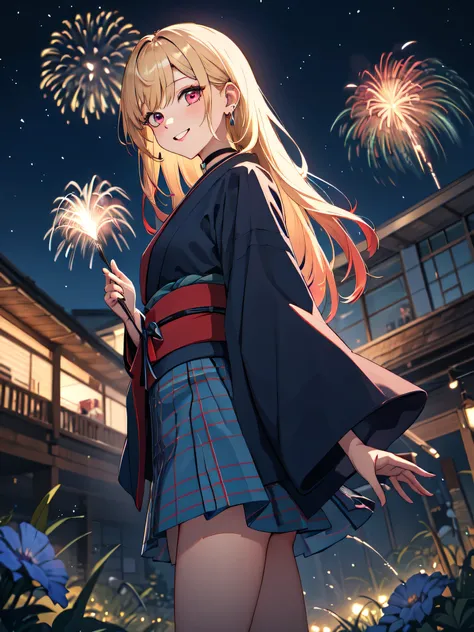 masterpiece, vibrant colours, best quality, detailed, highres, absurdres, score_9, score_8_up, score_7_up, kitagawa marin, 1girl, blonde hair, long hair, multicolored hair, red eyes, jewelry, earrings, piercing, black kimono, black choker, blue necktie, pl...