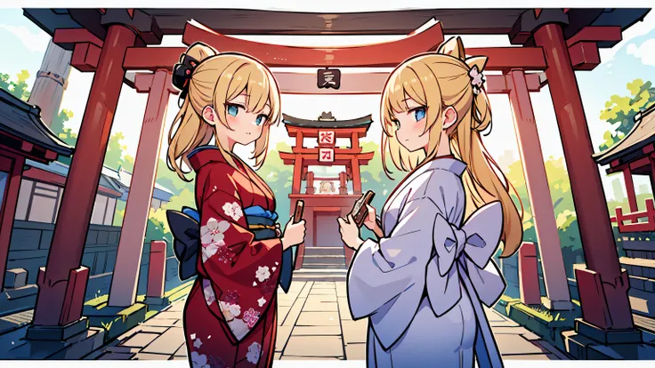 (masterpiece, best quality),2 adult females, Black long hair,Blonde long hair, different faces,letterboxed, perfection of fashion,kimono,Fushimi Inari Shrine,side,superb view,It&#39;s sunny,Stage finale pose,Exactly like reality