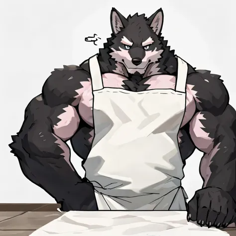 1 boy, Solitary, anthropology, Wolf, hairy, Black and white fur, Where people gather,Sparkling blue eyes, Pink hunk,Have abdominal muscles,muscular, Handsome, apron(Transparent apron(Cover your naked body)), lie on the floor, sleep, high quality, Super Det...