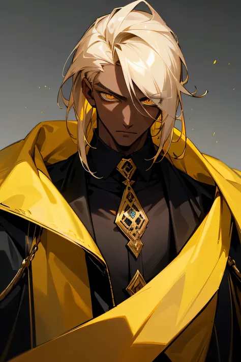 1male , Serious Expression ,Gold Hair , Black Highlighted Hair , Dark Skin , Adult Male, Perfect Generation, Tied Back Hair, Lean, Muscular, Tower Of God, Black Shirt, Black Jacket, Designer Clothes, Tree In Background, Gold Eyes, Detailed Face, Detailed E...