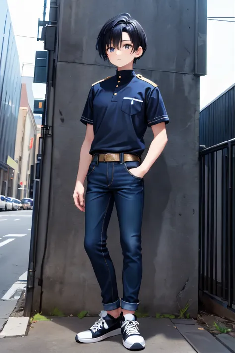 1boy, one boy, (blue iris, skinny man, black hair, black and blue hair, a blue strand hair dye on the front left, 1.8m tall, 20 years old, blue uniform, elegant jeans, black sneakers, white skin.) standing.