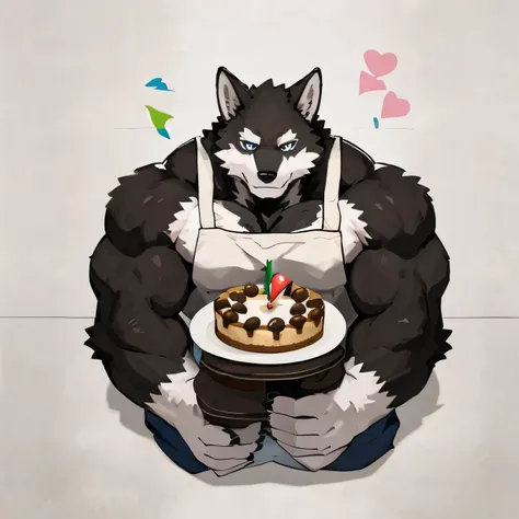 1 boy, Solitary, anthropology, Wolf, hairy, Black and white fur, Where people gather,Sparkling blue eyes, Pink hunk,Have abdominal muscles,muscular, Handsome, apron,(Cover your naked body),Holding a small cake, lie on the floor, sleep, high quality, Super ...
