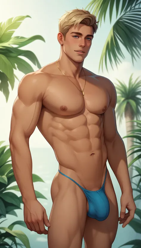 nsfw, gay, homoerotic, best quality, masterpiece, hyper realistic, extremely detailed, nude, handsome mature man, round face, tanned skin, muscular, tiny slutty waist, transparent gstring thong, semi erect bulge, fill frame, strokes the leaves of a hanging...