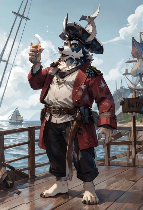 (((barefoot furry character, full body, cinematic setting, furry male, plantigrade, correct anatomy))) 

sailing in in my pirate...