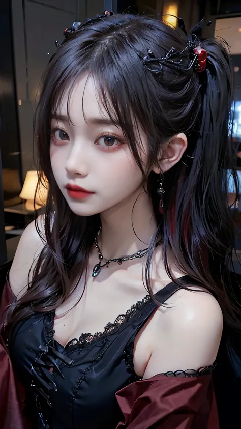 Red eyes、Gray Hair、Long Hair、Black hair ornament、Gothic Fashion、Exposure is modest