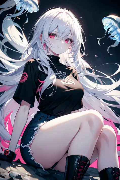 Gender neutral person 1, Wavy, jellyfish-like white hair with red tips, Red eyes, Pale skin, Slim build, height 170cm, Black Denim, black t-shirts, Black boots, Mischievous Smile, Looking up through big round sunglasses, breast enhancement, Anime-style cha...