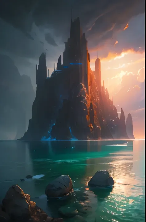 a view of a beach with rocks and water in the middle, a matte painting by Mike Winkelmann, trending on cgsociety, fantasy art, realism | beeple, beeple |, wide angle fantasy art, beeple and mike winkelmann, surrealism!!!!! concept art, epic matte painting ...