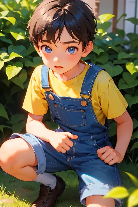 1boy, young little british boy in overalls with shorts and a yellow shirt underneath, sitting on knee, glowing blue eyes, outdoor, close-up