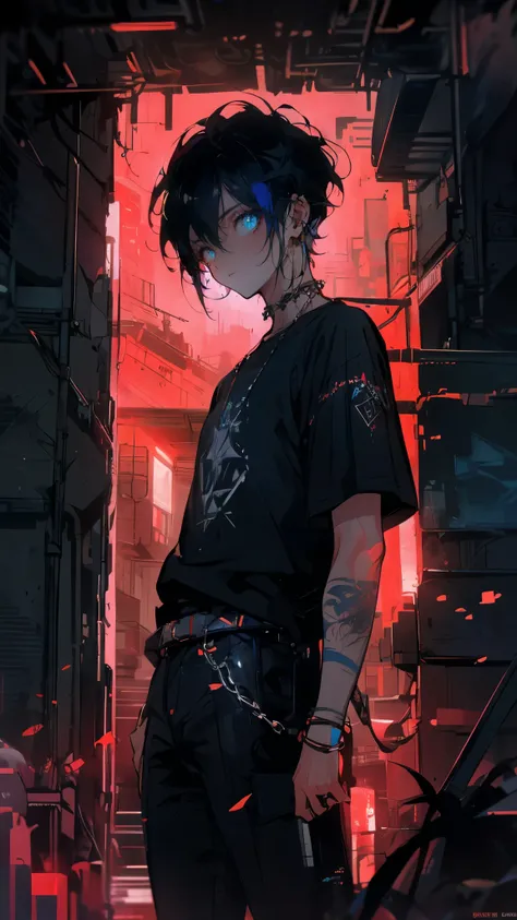 (high quality), (masterpiece), (detailed), 8K, (Confident masculine character1.3) with (short spiky dark blue hair1.3), wearing (black oversized T-shirt with gothic design1.2). Character’s (eyes glow intensely neon pink1.4). Setting is (cyberpunk cityscape...