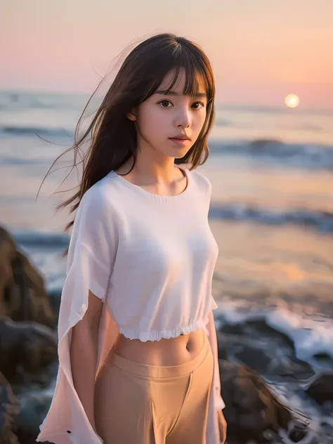 (8k, Highest quality, masterpiece:1.2), (Realistic, Realistic:1.37), Very detailed, Perfect Anatomy, cute, Small eyes, Fashion model outfit, 1, Japanese, girl, Seaside, sunset,