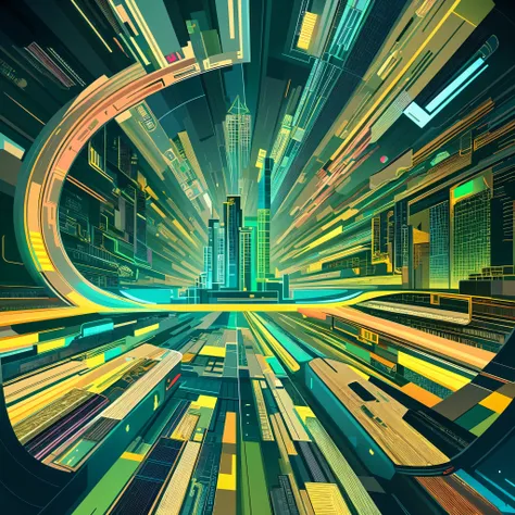 Abstract urban data visualization, featuring geometric shapes and futuristic cityscape elements in a harmonious green and beige color palette. Circular patterns and vertical lines suggest interconnected devices and digital communication. The artwork has a ...