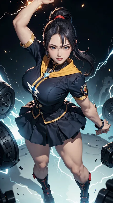 theme:Surreal Scene, fist up, arm up, (vulgar),Big-breasted Woman Warrior, beautiful face, vulgar smile, beautiful haired, (1knee up:1.3), short highschool skirt, (少しパンツが見えている:1.0), muscular woman,Mercenary haircut ponytail hair, ,Sexual huge nipple cover...