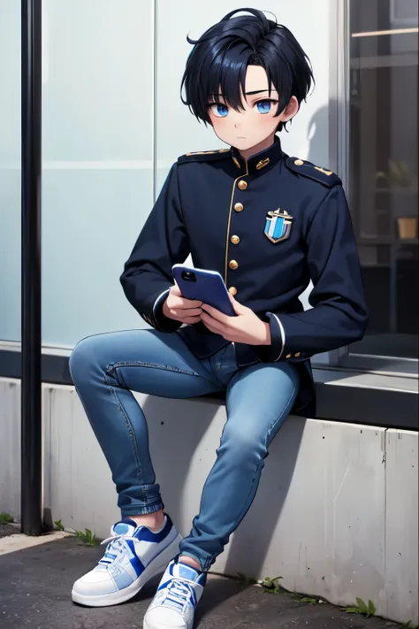 1boy, one boy, (blue iris, skinny man, black hair, black and blue hair, a blue strand hair dye on the front left, 1.8m tall, 20 years old, blue uniform, elegant jeans, black sneakers, white skin.) looking at phone in his hands.