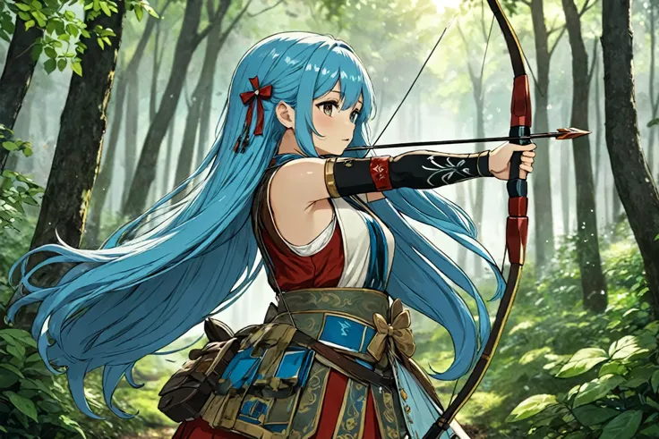 light blue long hair, traditional attire, red and white colors, arm guard, has a bow, quiver with arrows on the back, draw an ar...