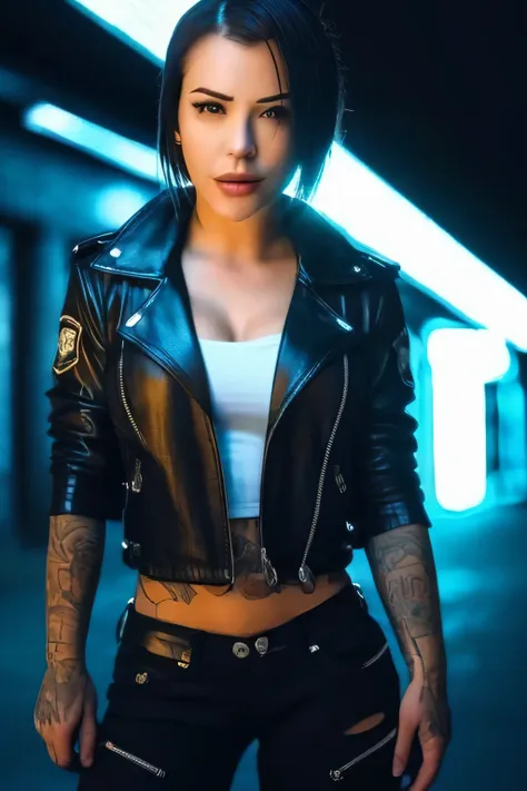 portrait of emb-haiz, beautiful face, in cyberpunk city at night. she is wearing a leather open jacket,lingerie, black jeans, dr...