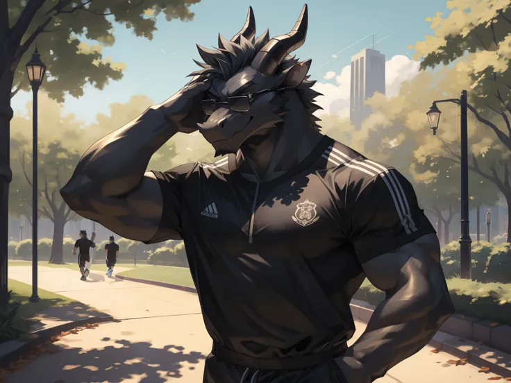 Masterpiece, Solo, (Black dragon, pitch black glasses covering eyes, Medium gray hair, Medium facial gray hair A Pair of black horns) Muscular Body, Handsome, Good Looking, Adult, Fierce, Smirking, gym outfit, park background