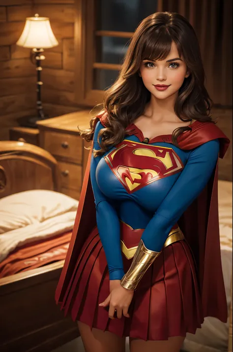 DisneyAurora, full body view Beautiful woman (((shoulder length wavy brown hair, two side up with bangs))) defined body, voluptuous, sexy, cherry red lipstick, arms by her sides, hands free, happily smiling, standing facing camera ((( Tight blue long sleev...