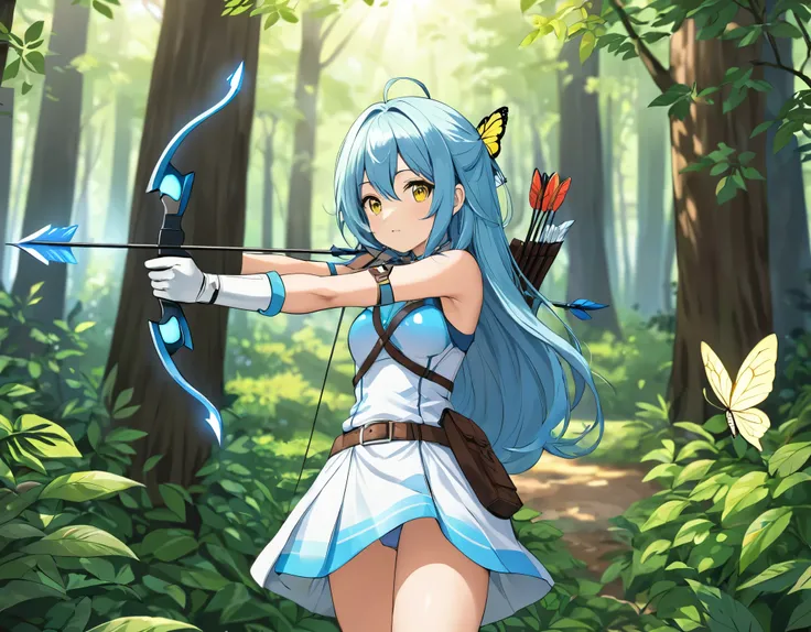 have confidence, Light blue long hair、 Yellow and white adventurer outfit, Practical and sporty clothing with belts and straps,  Arrow tube, gloves, Arm guard, Has a bow, 後ろに矢が付いているArrow tube, Draw an arrow, In the forest of fresh greenery、Concentrated pos...