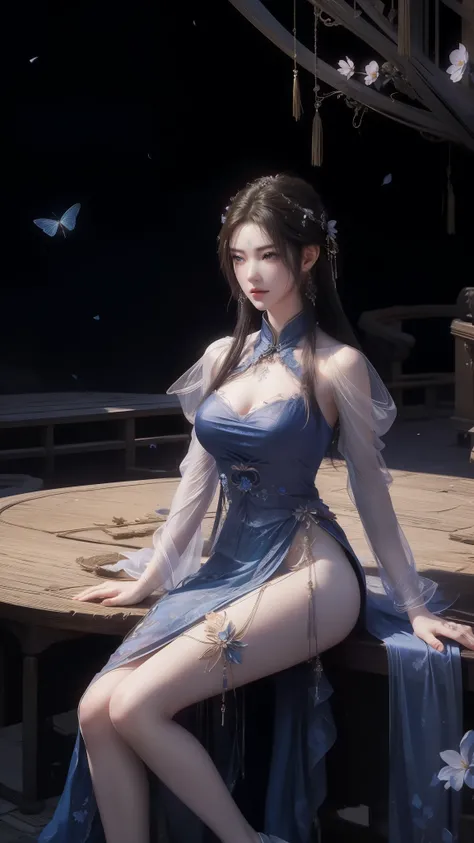 A beautiful woman with perfect curves wearing a long blue dress that gently flutters in the air,The beautiful woman was sitting in a sea of beautiful flowers surrounding her, Chinese traditional, her flexible body increasing with every movement, So enchant...