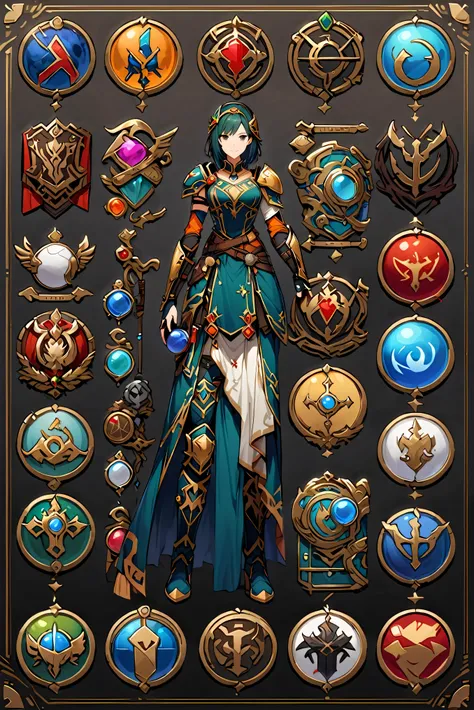 Framed Presentation of a catcher, Female character design sheet for video games with detailed accessories, long boots, Multiple icons, And fantasy costumes,mini skirt,catcher, Ball gown, A button that allows you to customize your character as you wish., sp...