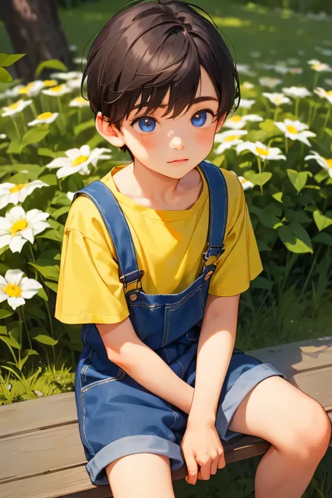 1boy, young little british boy in overalls with shorts and a yellow shirt underneath, sitting on knee, glowing blue eyes, outdoor, close-up