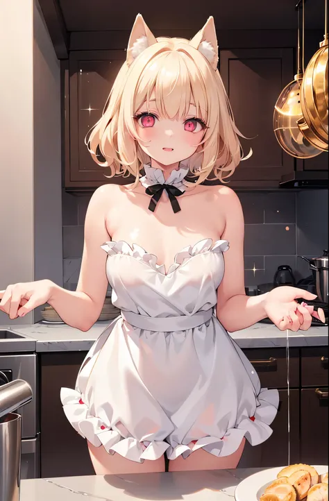 1girl,Sexy pretty girl,shiny gold platinum blonde hair, Bobcut,curly hair、Dog ears、Red sparkling eyes、detailed cute eyes,(glowing eyes:1.4),laugh heartily,((Droopy eyes)),small breasts,kitchen,naked lace frill apron,
blush